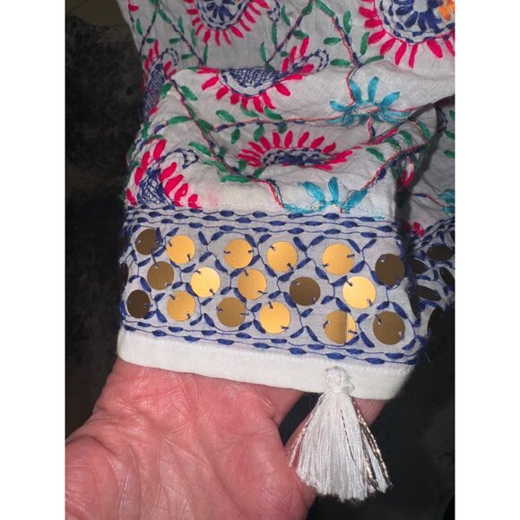 Lula Soul White Multicolor Embroidered Cottton Boho Peasent Dress Sequin Tassel - Picture 6 of 12